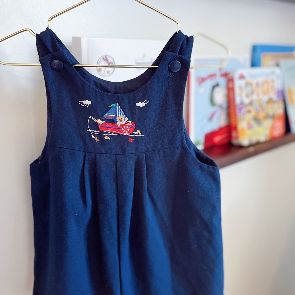 Vintage Baby Boy Navy Blue Jon Jon Romper With Embroidered Boat Teddy Bear